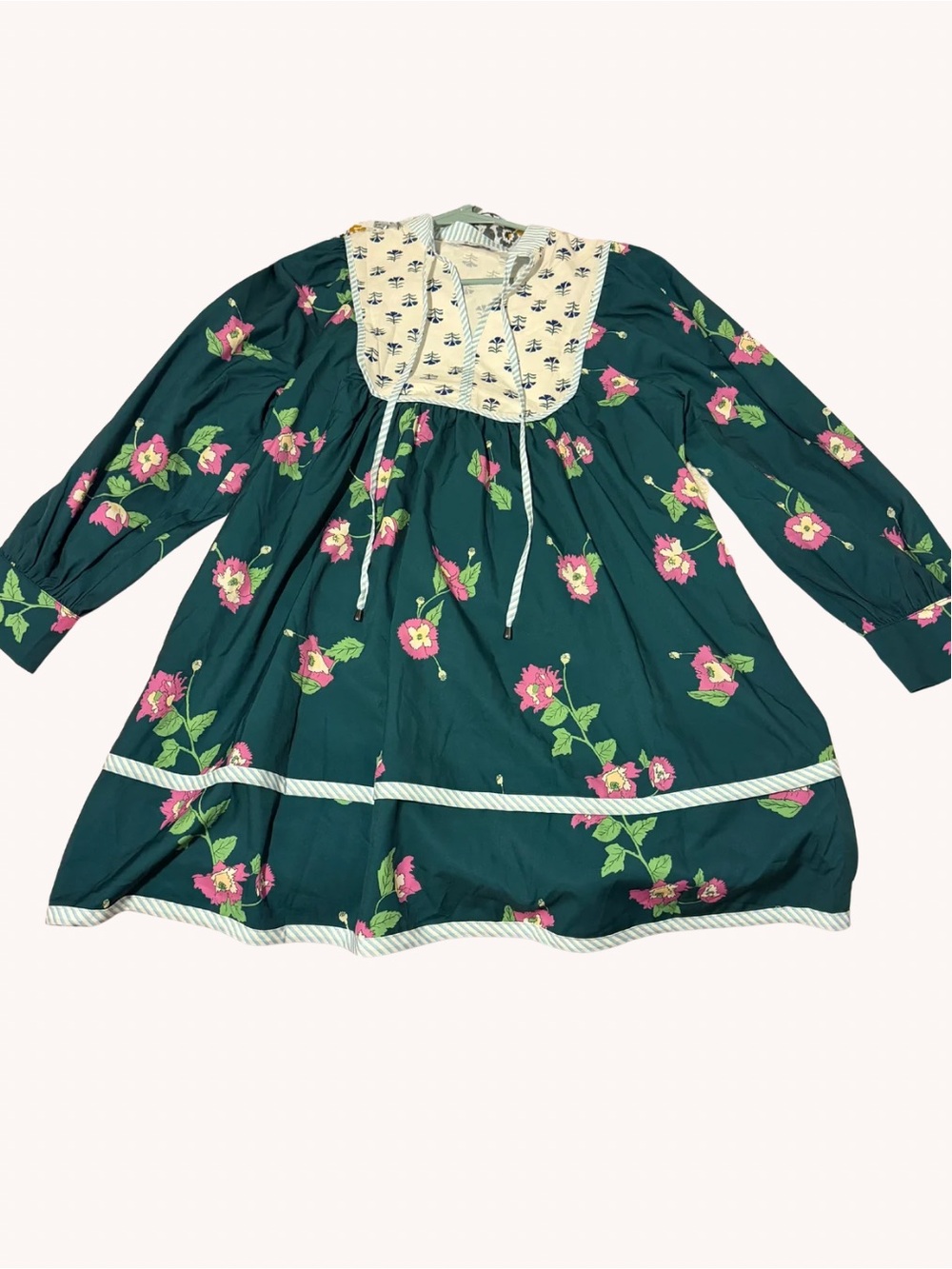 Wenrine Long Sleeve Floral Shirt Mini Dress in Dark Teal with Pink Blooms